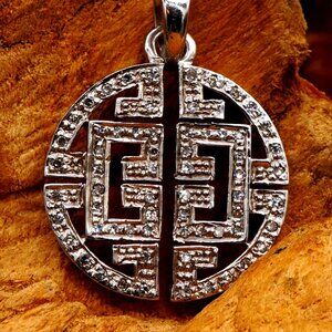 Vintage Diamonds Silver Pendant Disc Greek Key, Art Deco Style Signed GRP